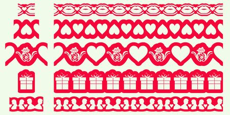 Set of Valentines borders. Seamless ribbons pattern brushes design. Template for cutting out paper or wood. Stencil Repeat flat style. Vector illustrationのイラスト素材