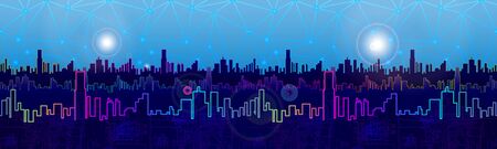 Horizontal seamless background. City, future, futuristic concept, metropolis. Night city social digital life. Abstract city, tech background, Vector illustration.のイラスト素材