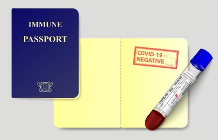 Concept sample of immune passport with coronavirus test result and test tube with blood plasma. Stamp with negative to Covid 19 virus. No infectious disease Sars 2019-nCoV. Vector illustrationのイラスト素材