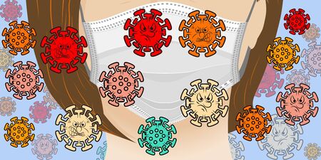 Part of a female face in a mask surrounded by malicious viruses. Vector illustrationのイラスト素材