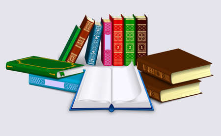 Open book with blank pages and dump of Different books in rows and piles. Isolated on a light background. Vector illustrationのイラスト素材