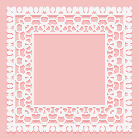 White lace frame of square shapes. Openwork vintage elements isolated on a pink background. Vector illustration.のイラスト素材