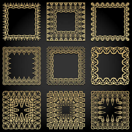 Square frames collection. Trendy golden Art Deco style design elements. Retro geometric lines Isolated on black background. Vector illustrationのイラスト素材