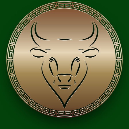 Gold paper cut ox in circle. Chinese new year 2021 year of the ox, character, asian elements with...