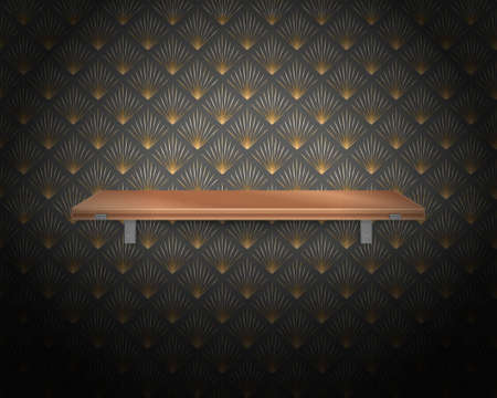 Empty wooden shelf on background of wall in art deco style wallpaper pattern in gold and gray. Zenart ornament of lines on wall. Vector illustrationのイラスト素材