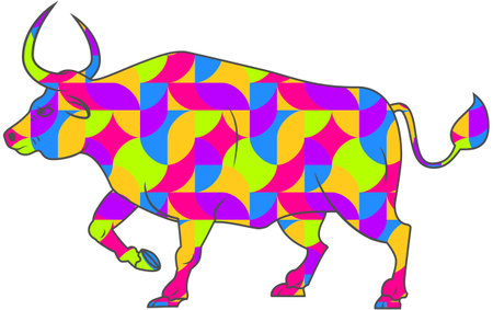 Ox decorated geometric mosaic. Symbol of the Chinese new year 2021. The bull stands on four legs in profile, isolated on a white background. Vector illustrationのイラスト素材