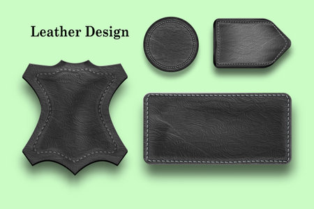 Set of leather labels different shape. Black Round and Rectangular Leather tag for clothes isolated on a light background in vintage style. Vector illustrationのイラスト素材