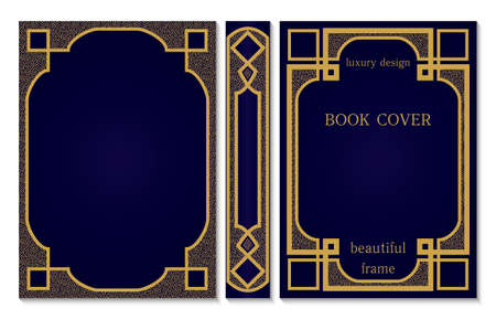 Spine and Book cover design template. Decorative vintage frames. Retro Brochure design. Simple art deco pattern. Flyer promotion. Presentation cover. Vector illustration.のイラスト素材