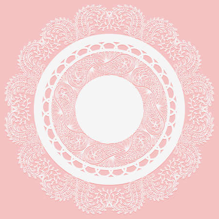Openwork white napkin with Paisley pattern. Lace frame round element on pink background. Vector illustrationのイラスト素材