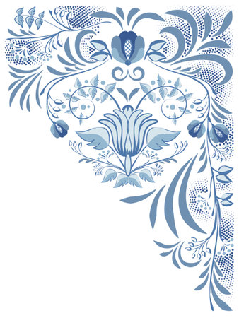 Decorative floral ethnic ornament for background corner with flowers in the style of blue national painting on porcelain. Vector illustrationのイラスト素材