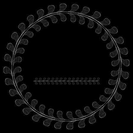 Seamless Hand drawn Brush and Round Frame. Border or divider with Leaves. Patterned white frame on a black background. Vector illustration.のイラスト素材