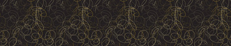 Black and gold panorama of hand drawn doodles. Dark background banner with a golden abstract...