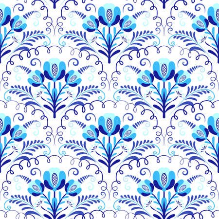 Blue floral seamless pattern. Ornament of branches with flowers and curls. Background leaves in style of ethnic blue cobalt painting on porcelain. Print for fabrics and wallpaper. Vector illustrationのイラスト素材