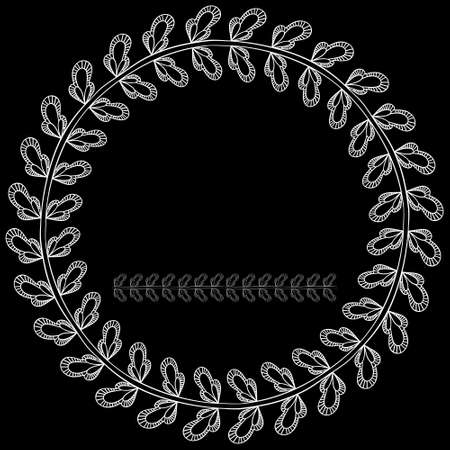 Branch with leaves decorative wreath isolated on black background. Brush with leafy twig and Round frame hand drawn doodle sketch herbal line. Vector illustration.のイラスト素材