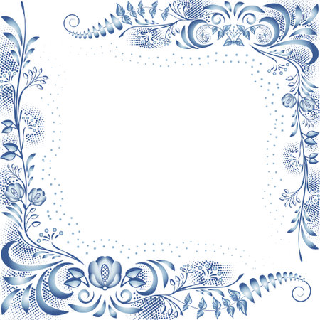 Blue floral frame. Corner patterns of branches with flowers and polka dot. Ornaments with blossoms leaves in the style of ethnic blue cobalt painting on porcelain Isolated on white Vector illustrationのイラスト素材