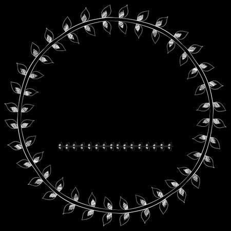 Round Ornamental Frame with floral pattern. Seamless Hand drawn Border or divider. Brush with Leaves. White ornament on black background. Element for design. Vector illustration.のイラスト素材