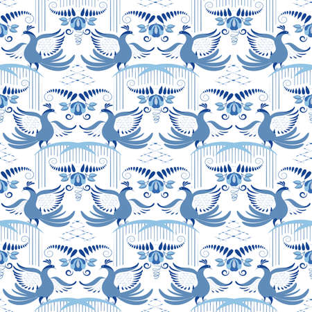 Traditional blue on white seamless pattern with birds design in Chinese style. Russian motif decoration. Floral ornament with flower and peacocks. Oriental repeating print. Vector illustrationのイラスト素材