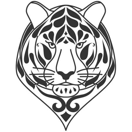 Tiger head. Tribal silhouette ethnic animals. Patterned face of tiger with ornamented black stripes. African, indian design. For design of a t-shirt, bag, postcard or poster. Vector illustrationのイラスト素材