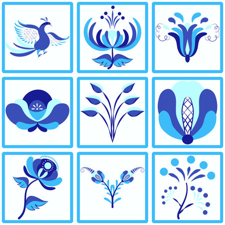 Tile pattern with flowers and a bird. Traditional blue on white floral mosaic. Chinese Design....