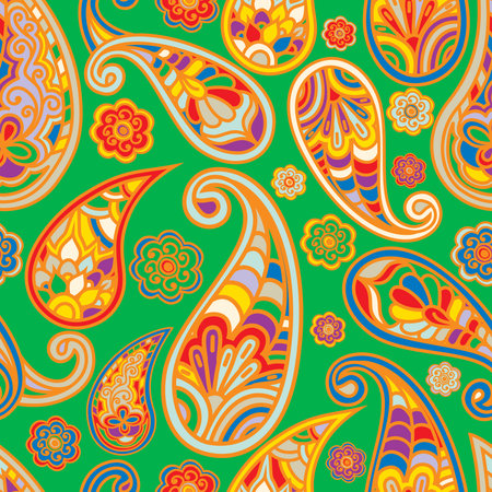 Colorful seamless paisley pattern. Red yellow green multicolored tile ornament. hippie vivid wallpaper. Indian decorative print Batik for wrapping paper fabric textile, home decor. vector illustrationのイラスト素材