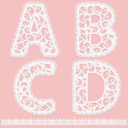 Letters A, B, C, D written of white lace isolated on pink background Lacy font and pattern brush border for label. Set cute lace symbols for design gift card or elegant invitation Vector illustrationのイラスト素材