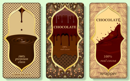 Chocolate bar packaging mock up design set. Organic Choco packaging mockup. Trendy luxury product branding template with realistic splashes and doodling pattern. vector illustrationのイラスト素材