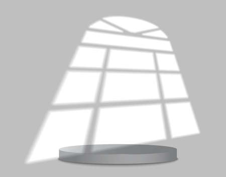 Window Shadow overlay effect and rack. Transparent soft light from window on pedestal. Realistic lightning on background. Frame shadows for natural effects. Blank scene for design Vector illustration.のイラスト素材