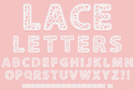 Set of white lace letters isolated on pink background. Abc Lacy font and pattern brush border for label. Alphabet cute lace symbols for design gift card or elegant invitation Vector illustrationのイラスト素材
