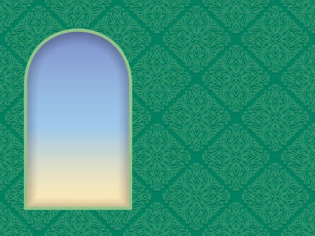 Green Islamic Card with shape of window or gate Background of arabic door silhouette and sky for Ramadan Kareem banner or invitations. Luxury label template Symbol traditional arch Vector illustrationのイラスト素材