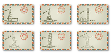 Set of envelopes with postage stamp, postmark and famous monuments Christ the Reedemer statue Corcovado, Rio de Janeiro, Brazil as well as Moscow, Paris, London, Italy and USA Vector illustrationのイラスト素材