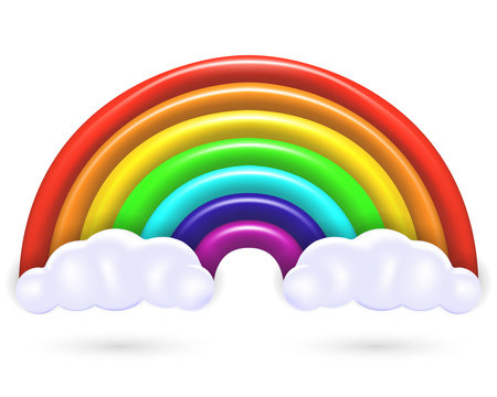 Seven color rainbow arc on clouds isolated on white background. Multicolored plastic or polymer element. Cartoon Style Concept Weather Phenomenon. vector illustrationのイラスト素材