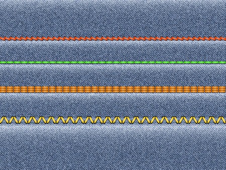 Jeans background with stitches. Denim background with sewing machine stitching, samples types of embroidery. Realistic style. Vector illustration.のイラスト素材