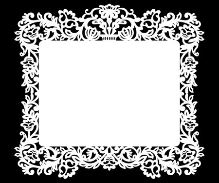 Frame with openwork cut border, rectangular paper doily, template for laser cutting, greeting card, wedding invitation Decorative die cut plate panel lace edge. Cutout silhouette. Vector illustrationのイラスト素材