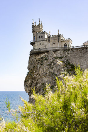 Crimea, Yalta. View of the castle "Swallow's Nest". Tourism in the Crimea. The rock on which the castle stands.のeditorial素材