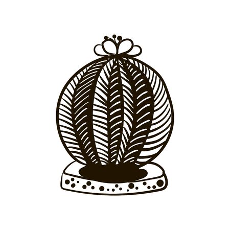 Illustration of a home cactus, in a pot with striped spiky edges, flowering cactus, sketchのイラスト素材