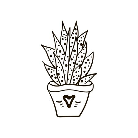 Illustration of a cactus homemade, in a pot with long spiky leaves, in a speck, in a pot with a sketch heart drawingのイラスト素材