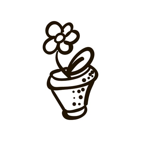Illustration of a flower pot with a flower with one leafのイラスト素材