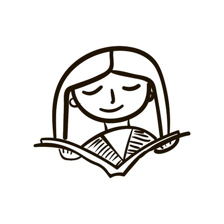 Illustration of a girl reading a book, a woman in front of an open book, reading a book at homeのイラスト素材