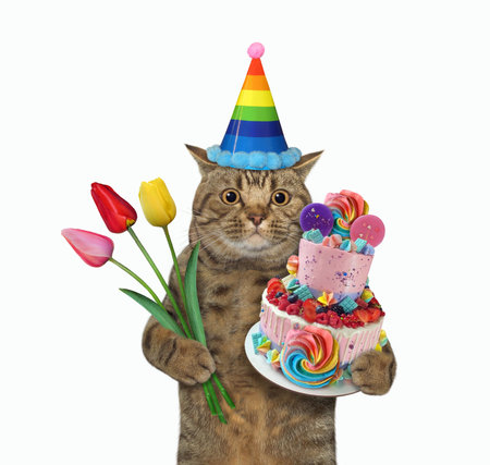 The beige big eyed cat in a birthday hat is holding a two tiered cake and flowers. White background. Isolated.の写真素材