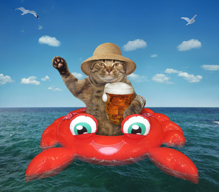 The beige cat in a straw hat drinks beer on the inflatable crab in the open sea.