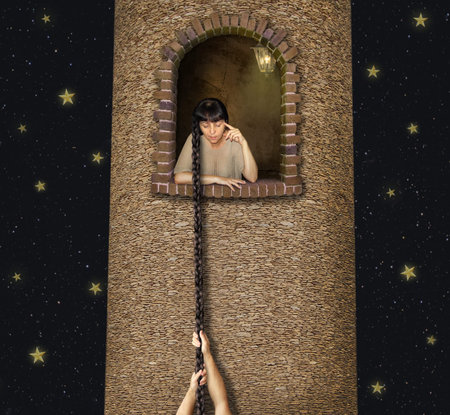 At night the man climbs up a braid to a high tower where his beloved is.