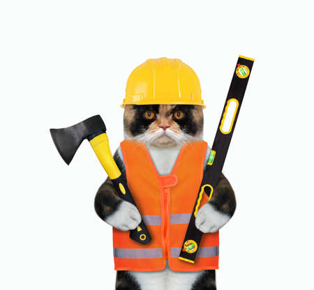 The multi colored cat worker in a vest and a helmet is holding a construction ax and a level. White background. Isolated.の写真素材