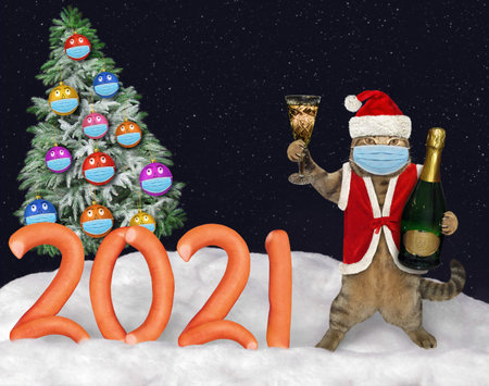 A cat in a Santa Claus costume with wine stands near 2021 made from sausages in the winter forest at...