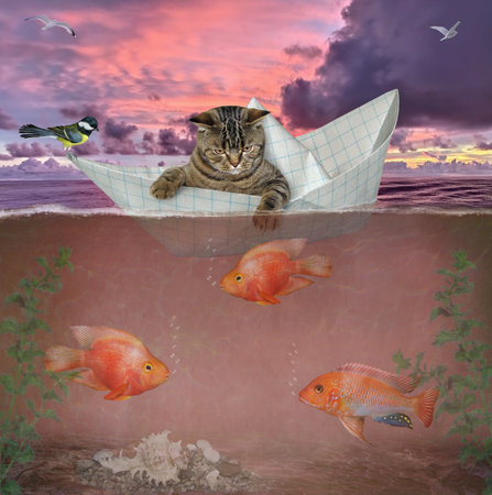 A beige cat fisherman in a paper boat is catching fish in the sea.の写真素材
