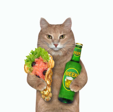A beige cat holds a bottle of beer and soft waffles with salmon. White background. Isolated.の写真素材