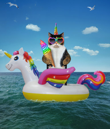 The cat in sunglasses eats rainbow ice cream on the inflatable circle in the open seaの写真素材