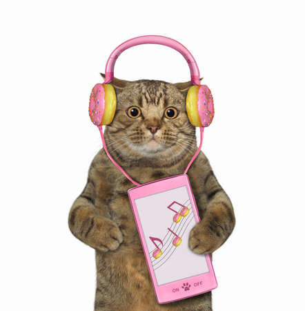 A beige cat in pink donut earphones holds a smartphone. White background. Isolated.の写真素材
