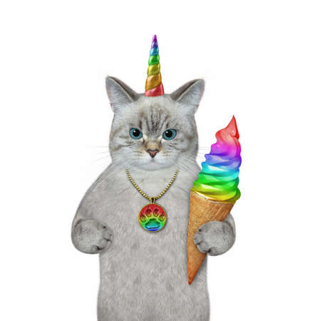 An ash caticorn is eating a rainbow ice cream cone. White background. Isolated.の写真素材
