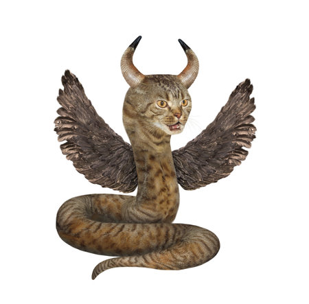 A beige horned cat snake with wings. White background. Isolated.