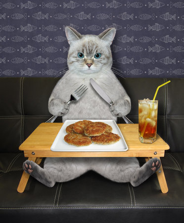 An ashen cat with a knife and a fork eats fish cutlets with juice at a wooden bed tray on a leather black sofa.の写真素材